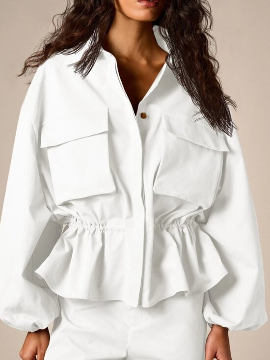 Jackets & Blazers - White Peplum Cargo Jacket with Cinched Waist